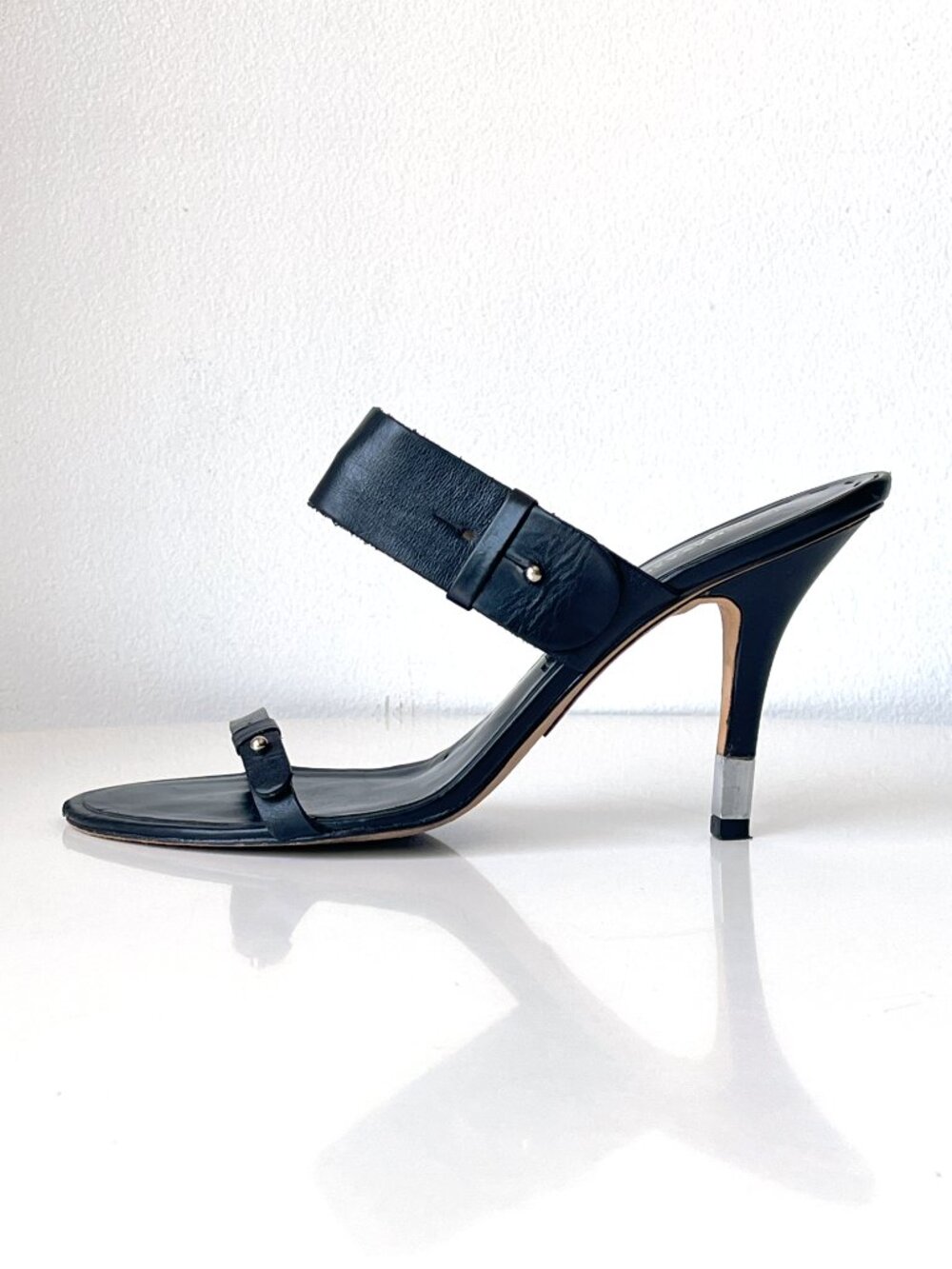 Vintage Y2K BCBG MaxAzria Black Strappy Slide Stilettos Heels Shoes Size 9.5B
